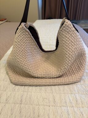 Rags2Riches- Cream Woven Hobo Bag with Brown Strap